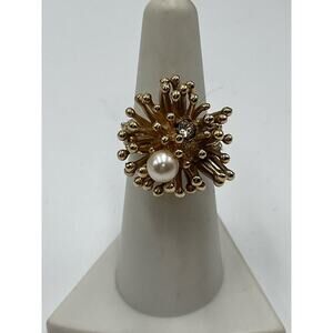 Sarah Cov Vintage Pearl‎ Rhinestone Celestial Sea Treasure Gold Tone Ring Sz 6.5